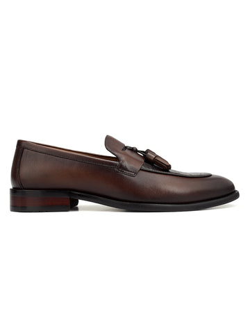 Brown Croco Textured Loafers With Tassels