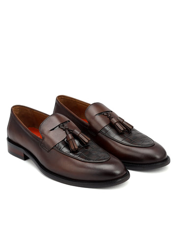 Brown Croco Textured Loafers With Tassels