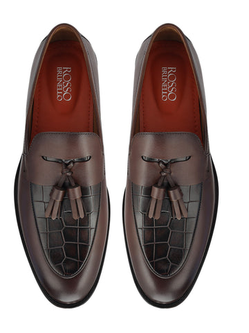Brown Croco Textured Loafers With Tassels
