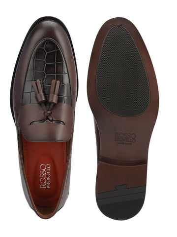 Brown Croco Textured Loafers With Tassels