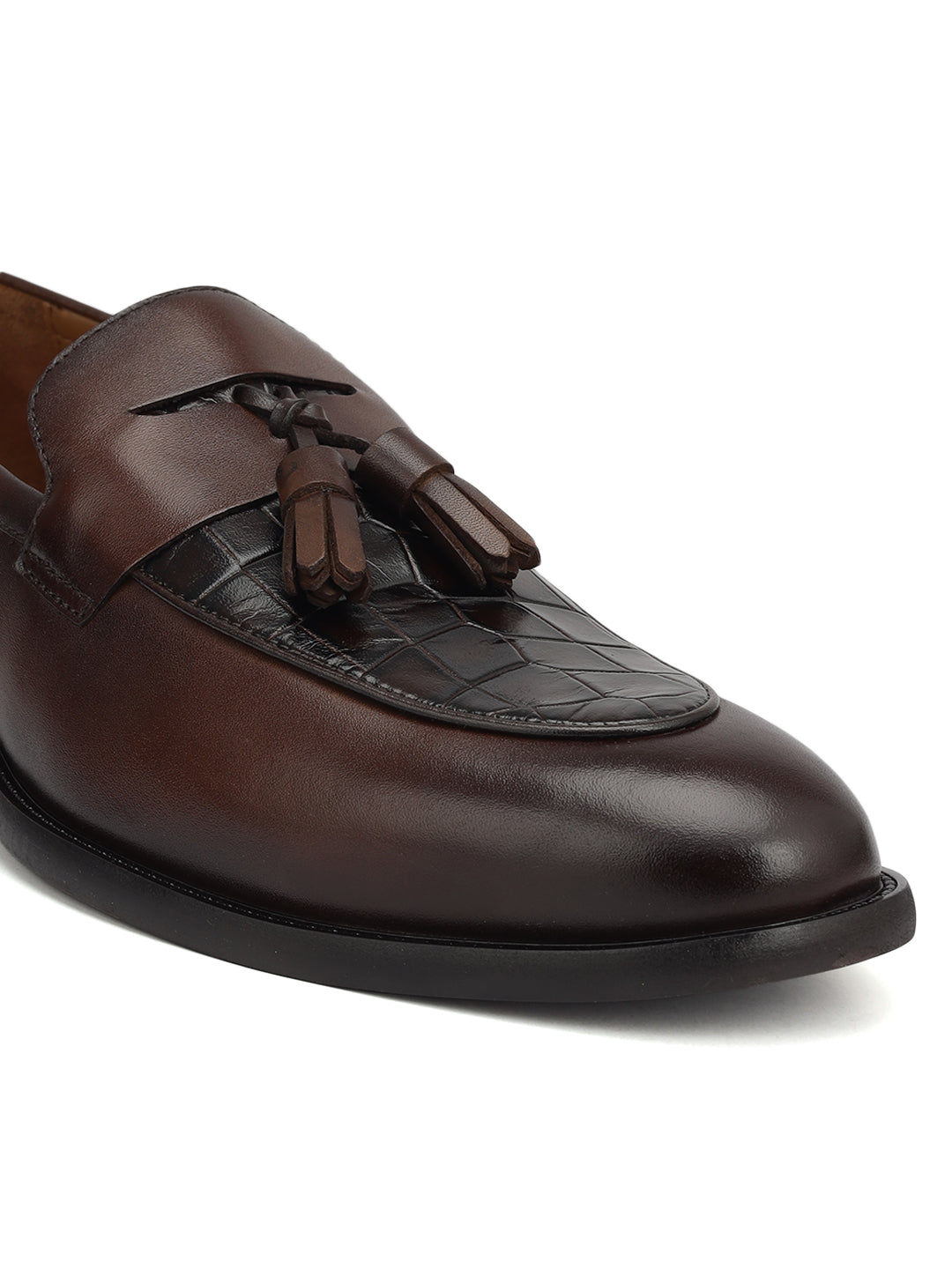 Brown Croco Textured Loafers With Tassels