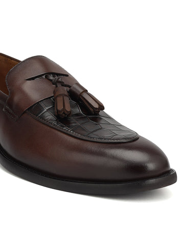 Brown Croco Textured Loafers With Tassels