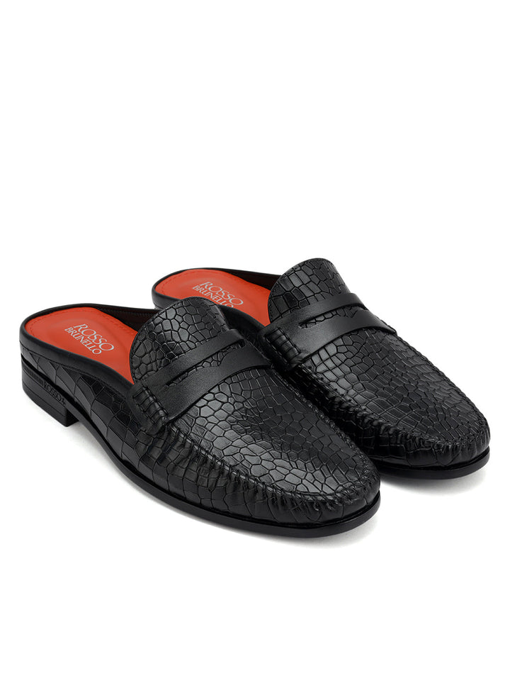 Black Croco Textured Mules