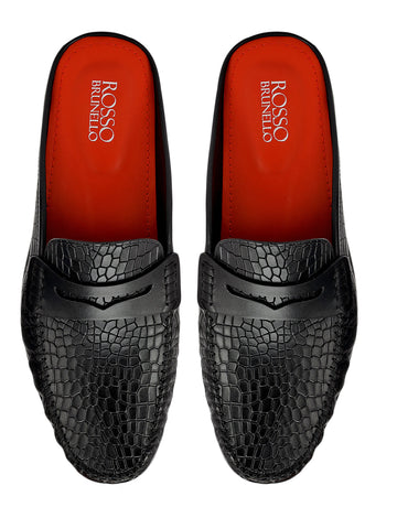 Black Croco Textured Mules