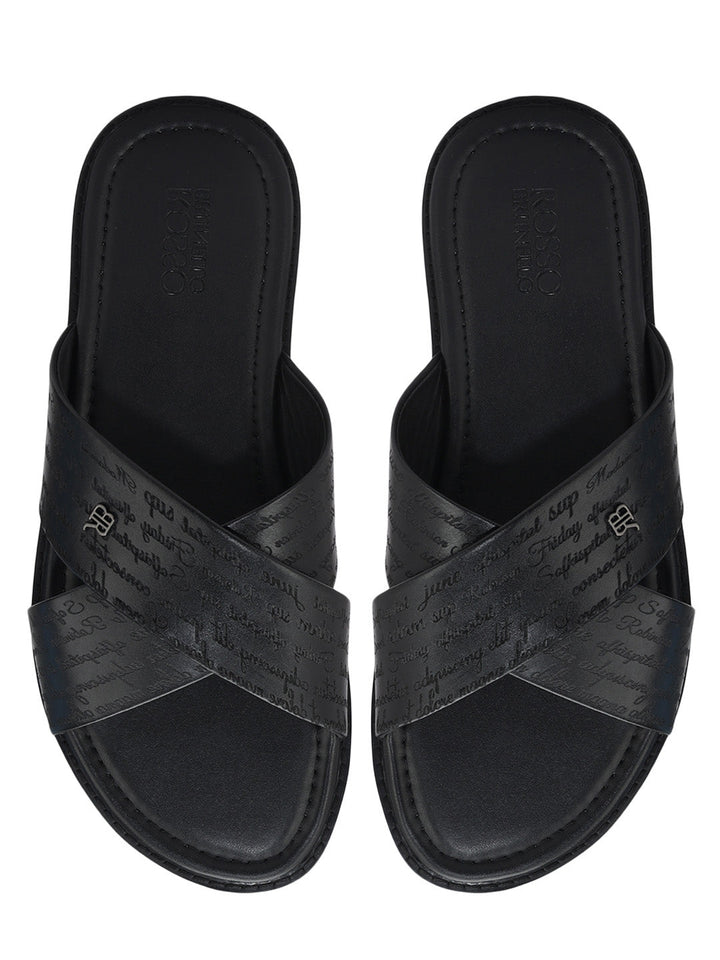 Black Criss Cross Leather Slippers