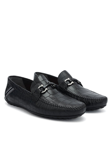 Black Croco Textured Moccasins