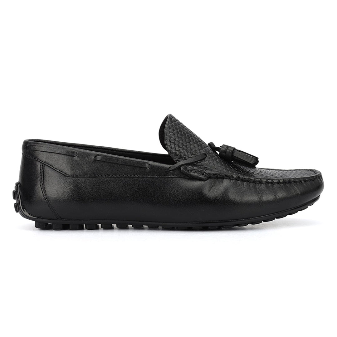 Black Mat Textured Moccasins With Tassels