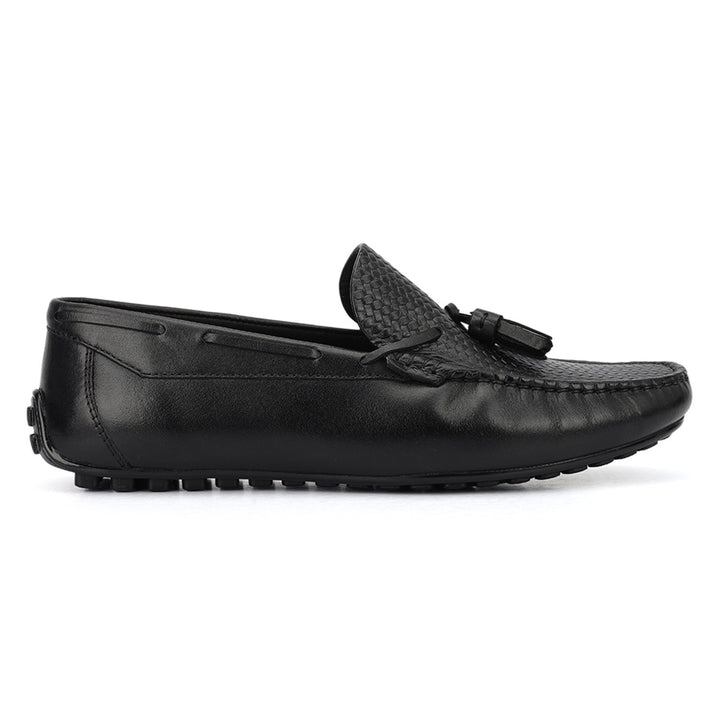 Black Mat Textured Moccasins With Tassels