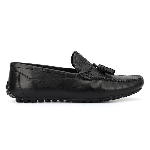 Black Mat Textured Moccasins With Tassels