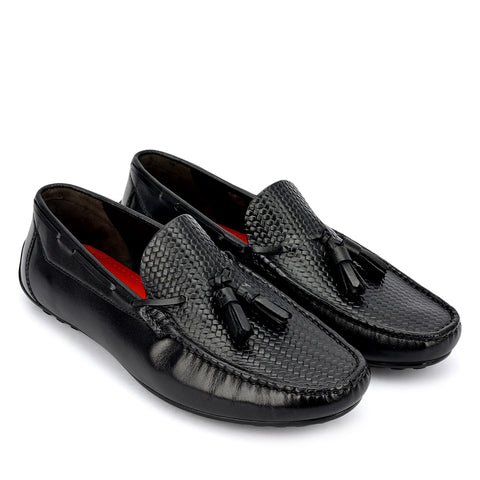 Black Mat Textured Moccasins With Tassels
