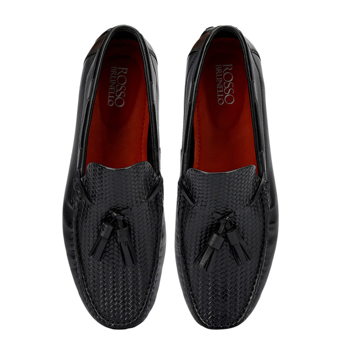 Black Mat Textured Moccasins With Tassels
