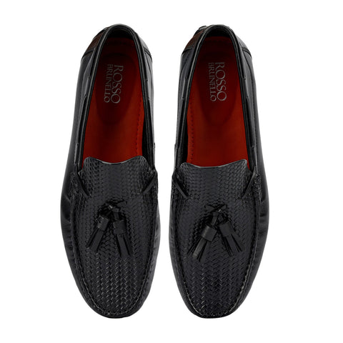 Black Mat Textured Moccasins With Tassels