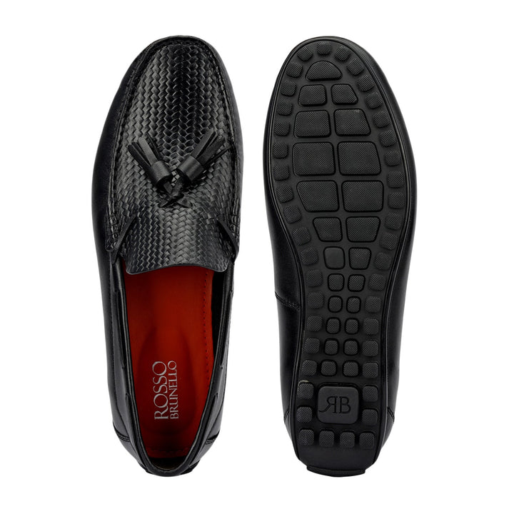 Black Mat Textured Moccasins With Tassels