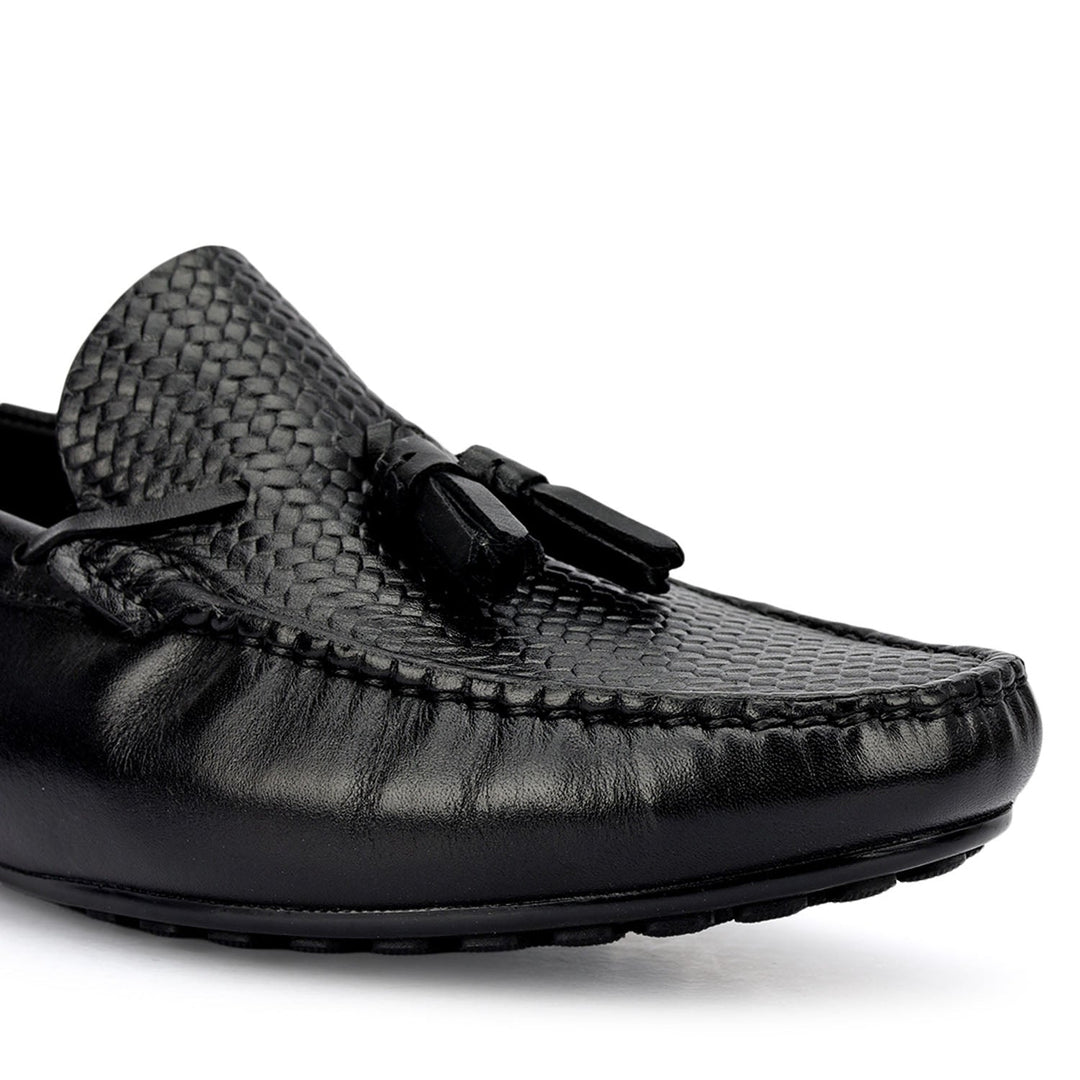Black Mat Textured Moccasins With Tassels
