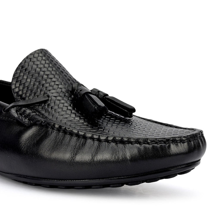 Black Mat Textured Moccasins With Tassels