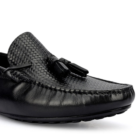 Black Mat Textured Moccasins With Tassels