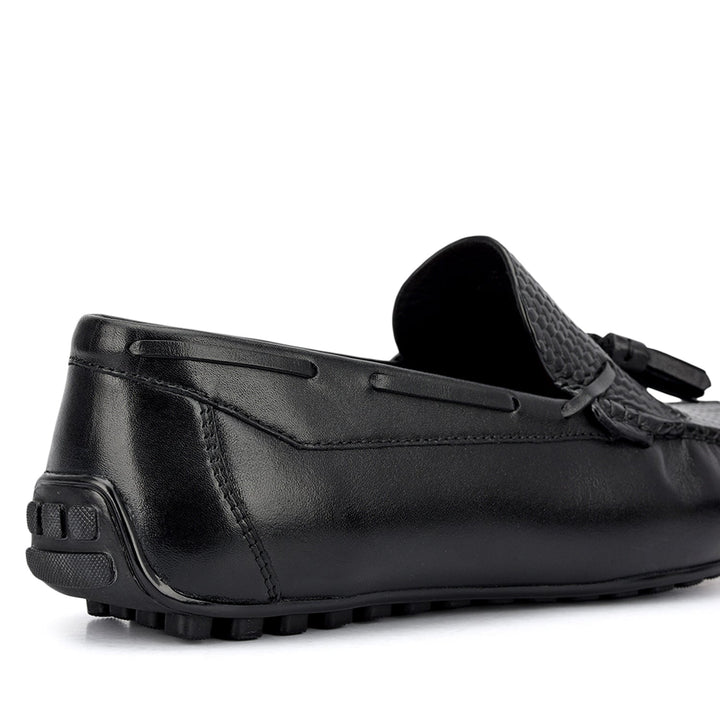 Black Mat Textured Moccasins With Tassels