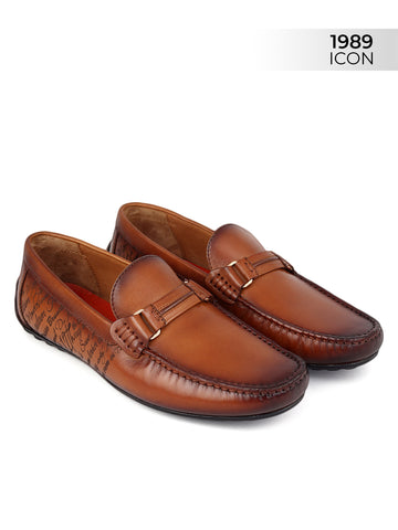 Tan Leather Moccasins With Panel