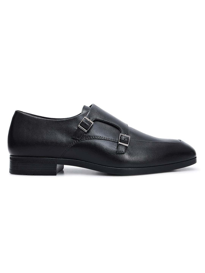 Black Plain Leather Double Monk Straps