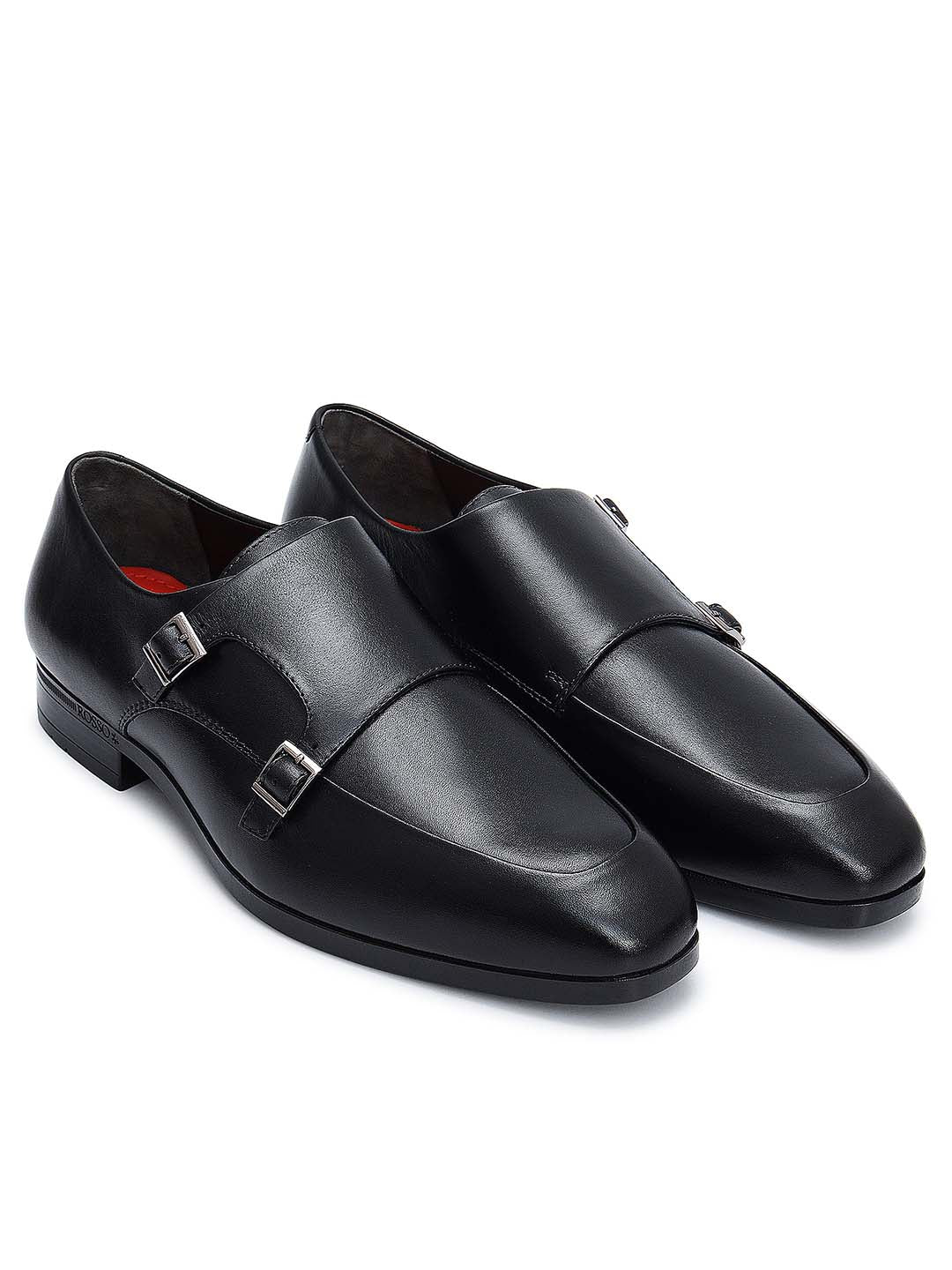 Black Plain Leather Double Monk Straps
