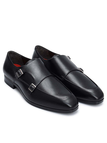 Black Plain Leather Double Monk Straps
