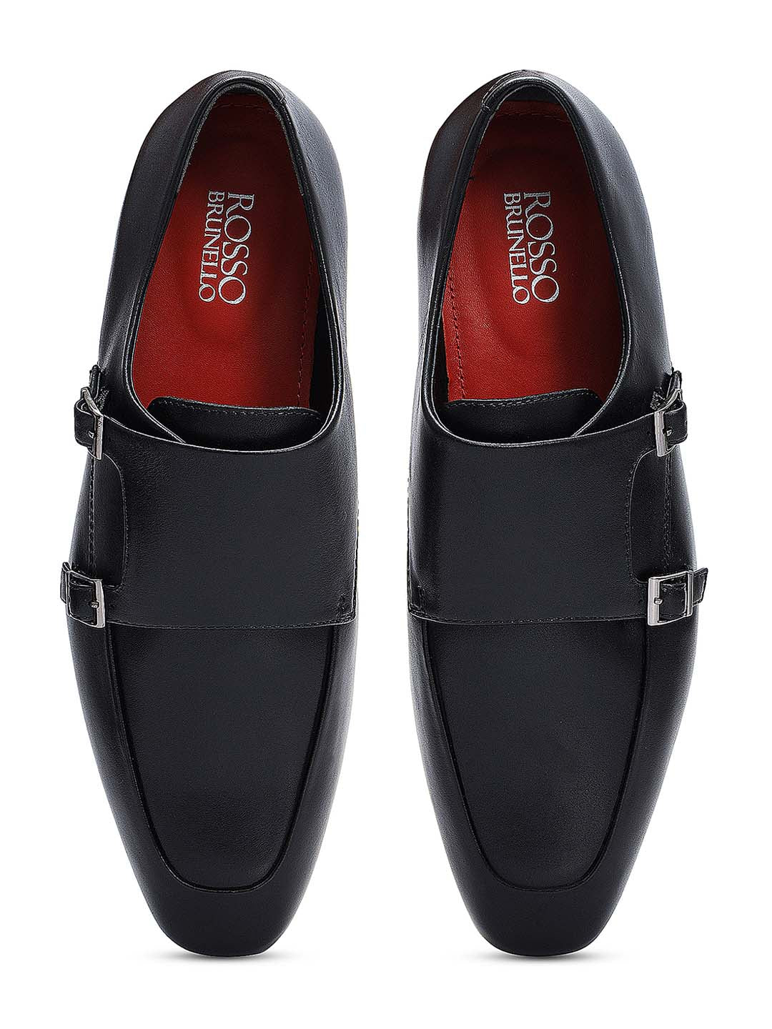 Black Plain Leather Double Monk Straps
