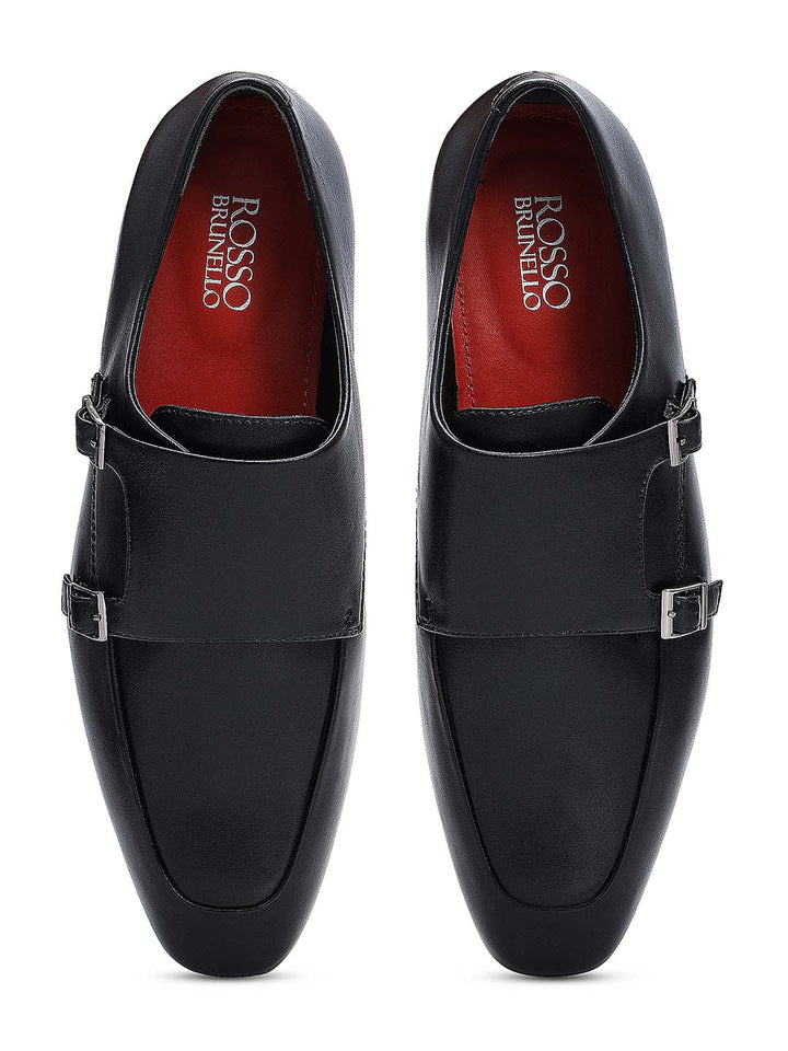 Black Plain Leather Double Monk Straps