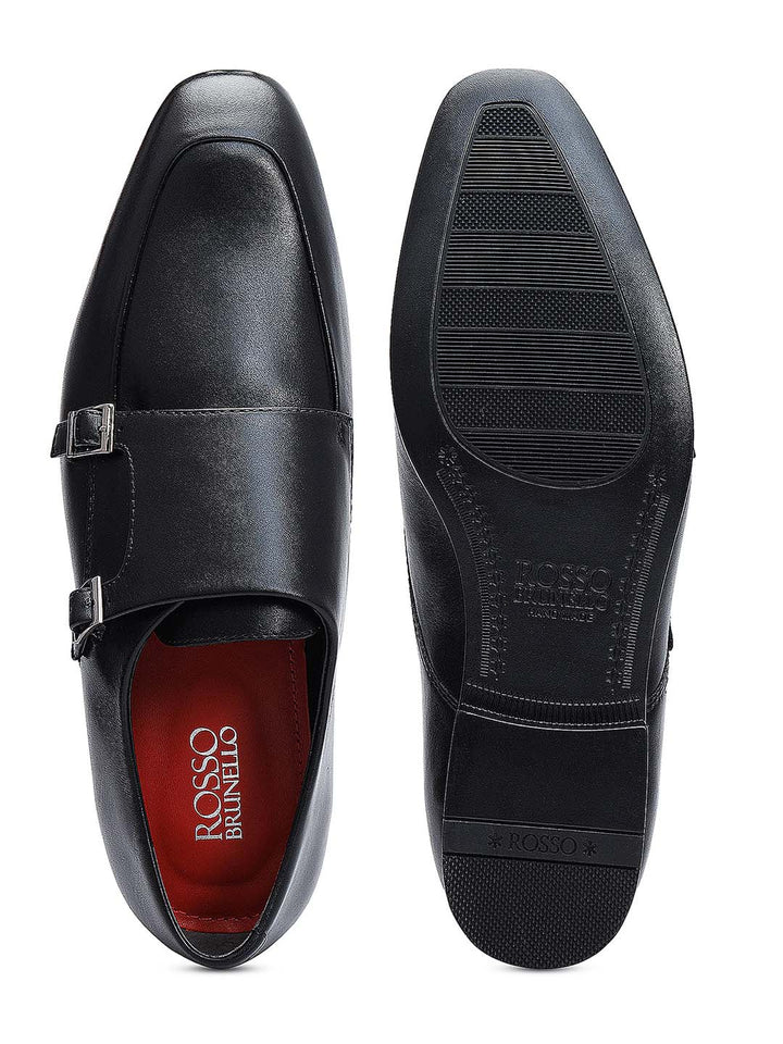 Black Plain Leather Double Monk Straps