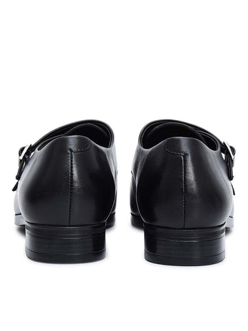 Black Plain Leather Double Monk Straps
