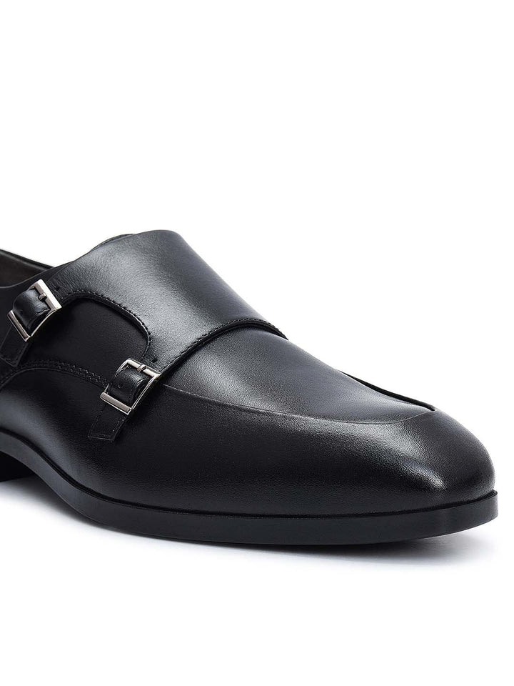 Black Plain Leather Double Monk Straps