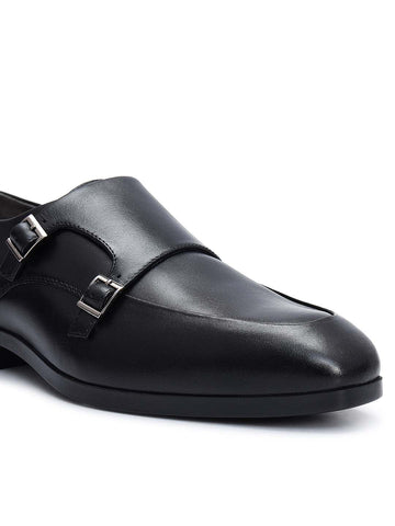 Black Plain Leather Double Monk Straps