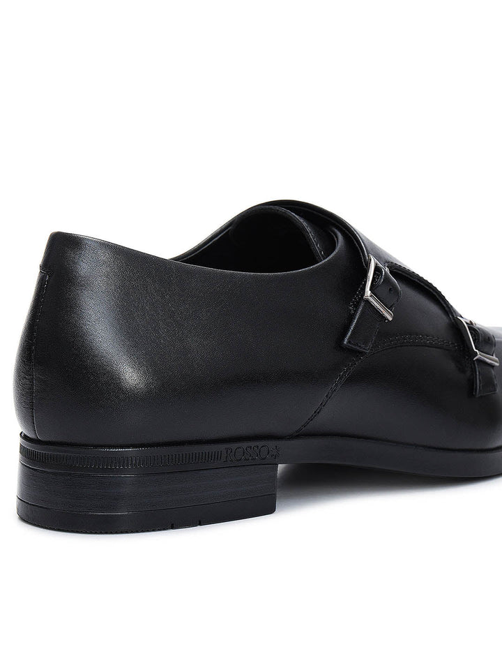 Black Plain Leather Double Monk Straps
