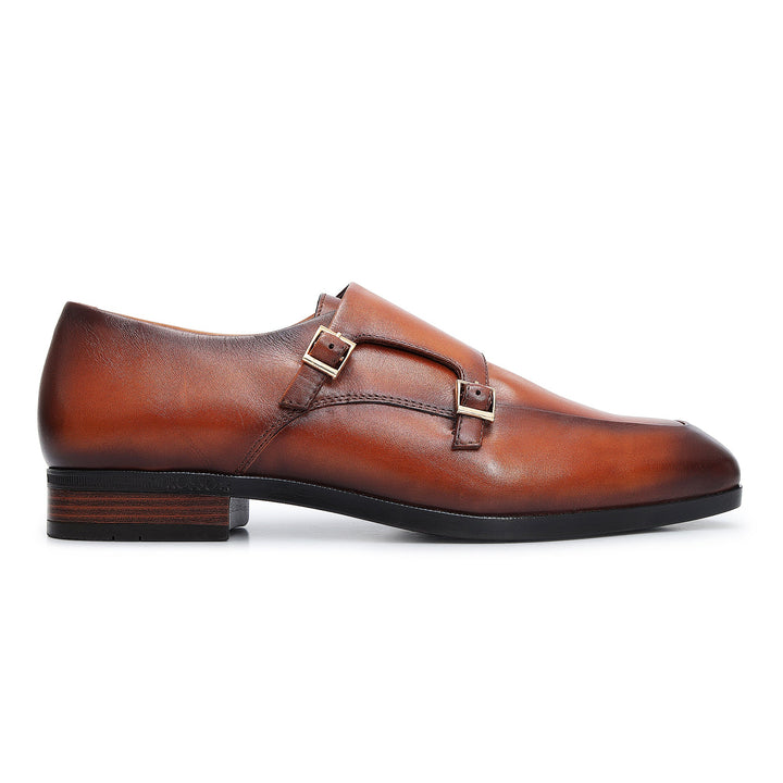Tan Plain Leather Double Monk Straps