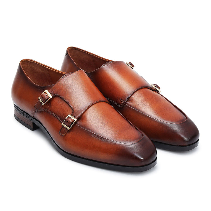 Tan Plain Leather Double Monk Straps