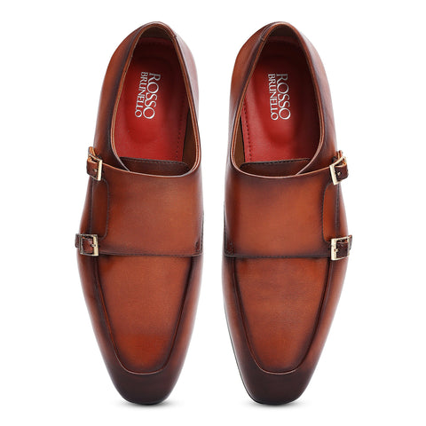 Tan Plain Leather Double Monk Straps