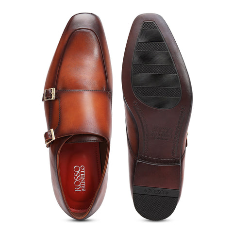 Tan Plain Leather Double Monk Straps