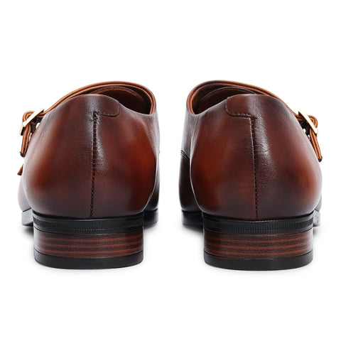Tan Plain Leather Double Monk Straps