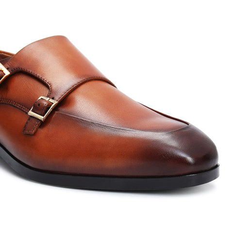 Tan Plain Leather Double Monk Straps