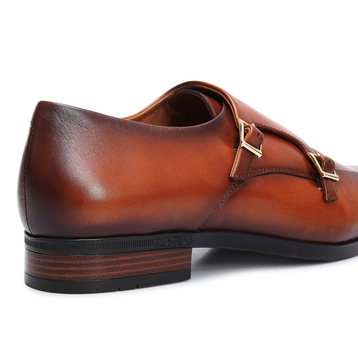 Tan Plain Leather Double Monk Straps