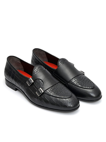 Black Croco Textured Monk Straps