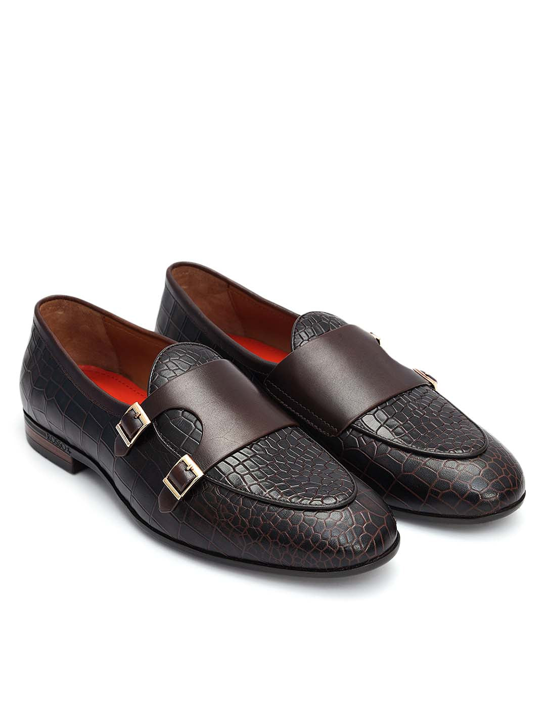Brown Croco Textured Monk Straps
