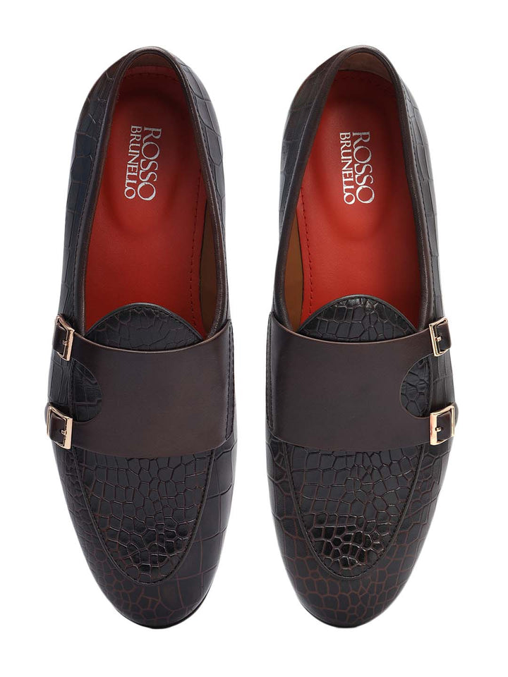Brown Croco Textured Monk Straps