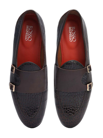 Brown Croco Textured Monk Straps