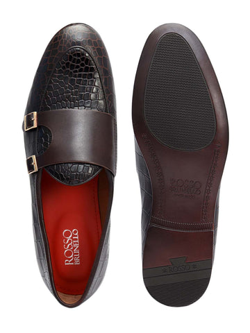 Brown Croco Textured Monk Straps