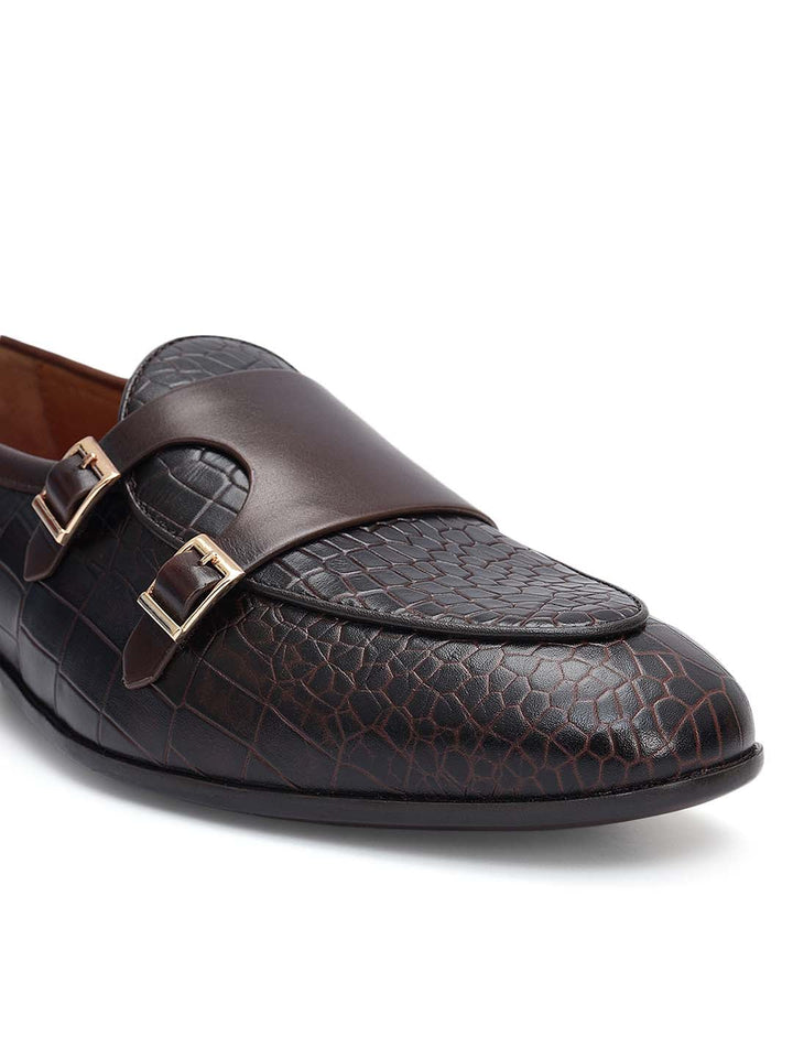 Brown Croco Textured Monk Straps