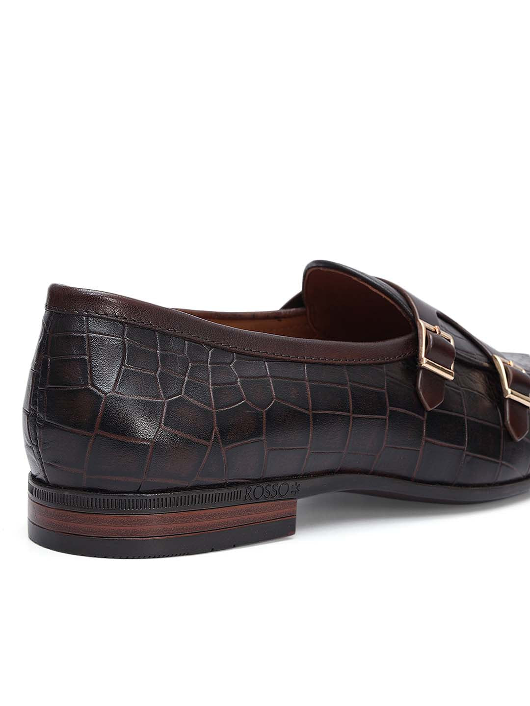 Brown Croco Textured Monk Straps