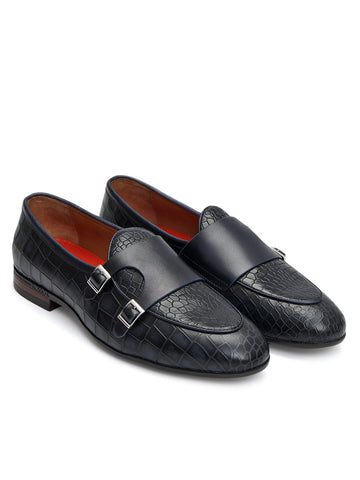 Blue Croco Textured Monk Straps