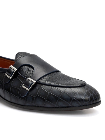 Blue Croco Textured Monk Straps
