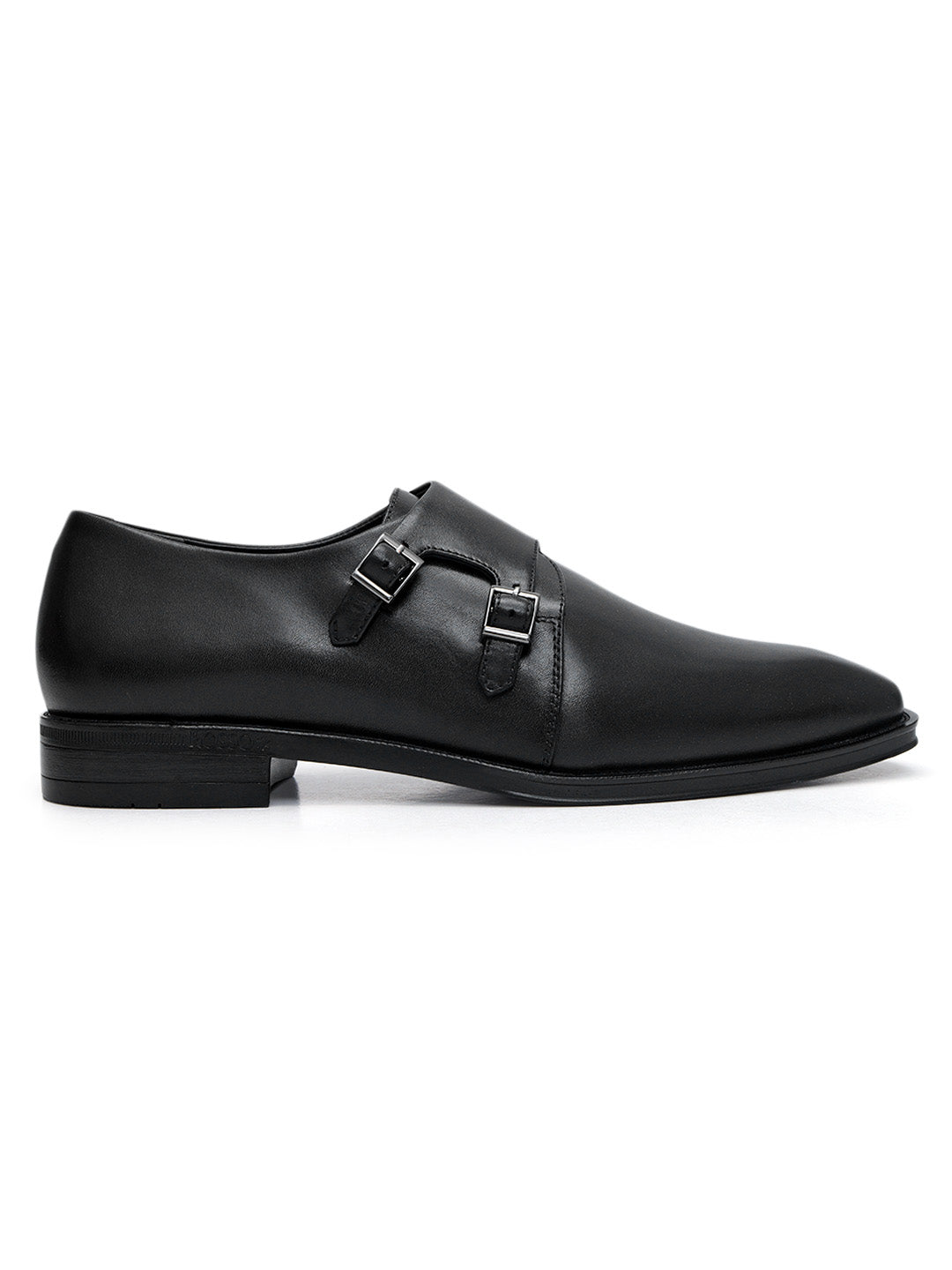 Black Plain Leather Double Monk Straps