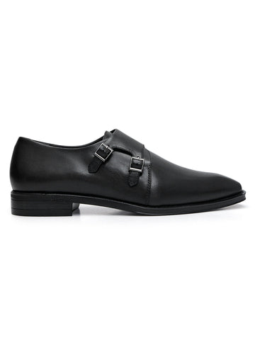 Black Plain Leather Double Monk Straps